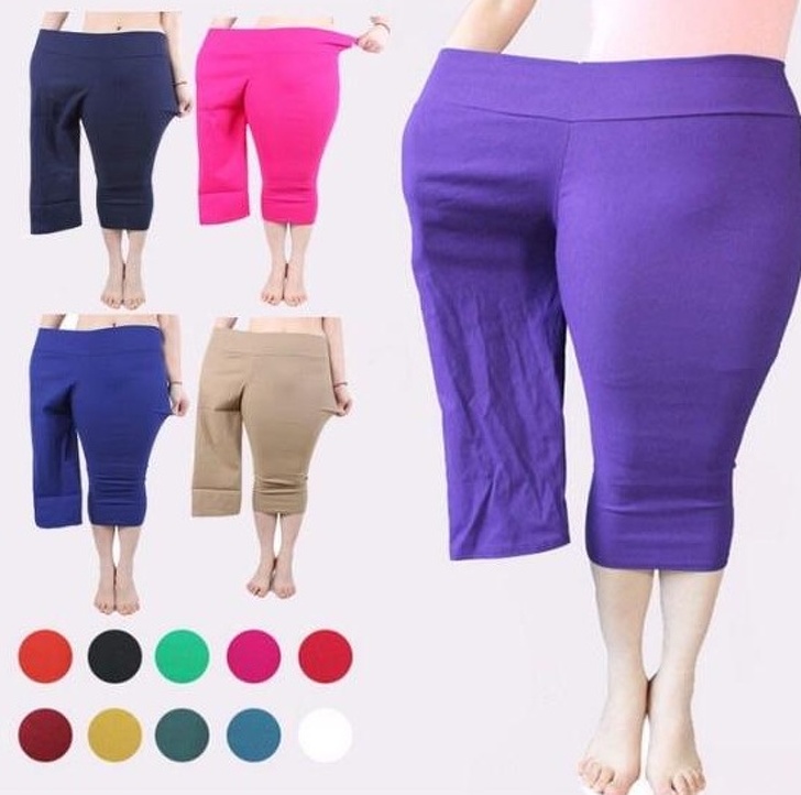 Advertising plus-sized leggings by having a small model stand in one leg, instead of just getting a plus-sized model. 