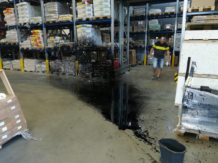 “My coworker drove a forklift over a can of oil.”