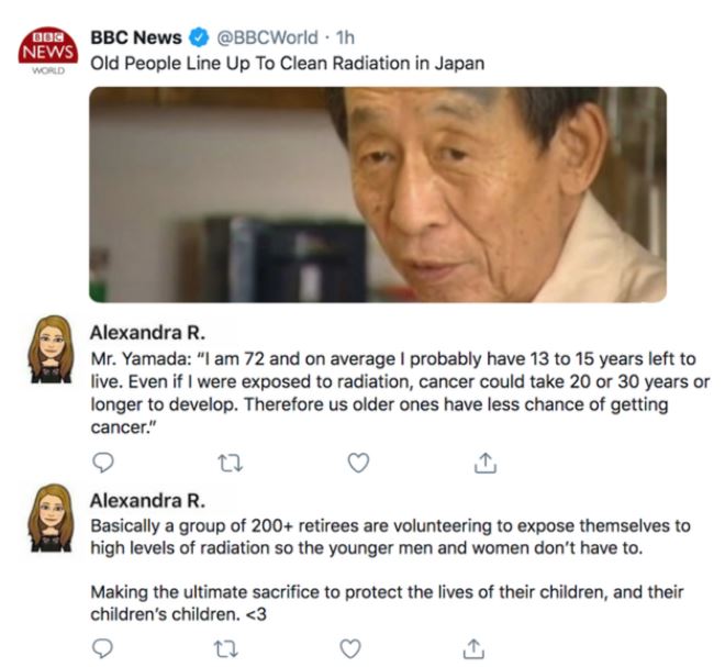 old people news memes - Bob News World Bbc News . 1h Old People Line Up To Clean Radiation in Japan Alexandra R. Mr. Yamada "I am 72 and on average I probably have 13 to 15 years left to live. Even if I were exposed to radiation, cancer could take 20 or 3