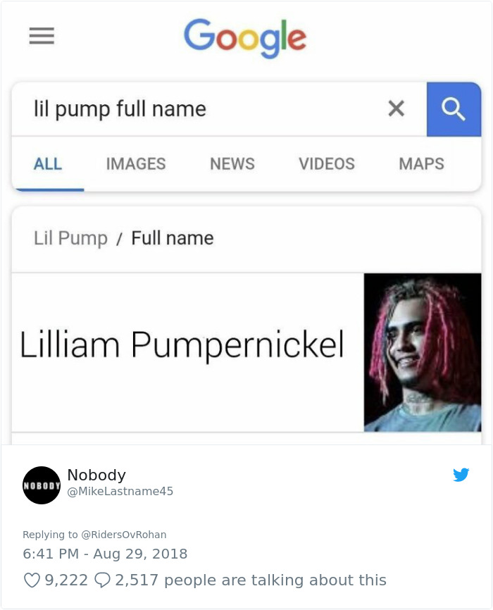 Google Search Real Name of lil pump  with the result 'Lilliam Pumpernickel'