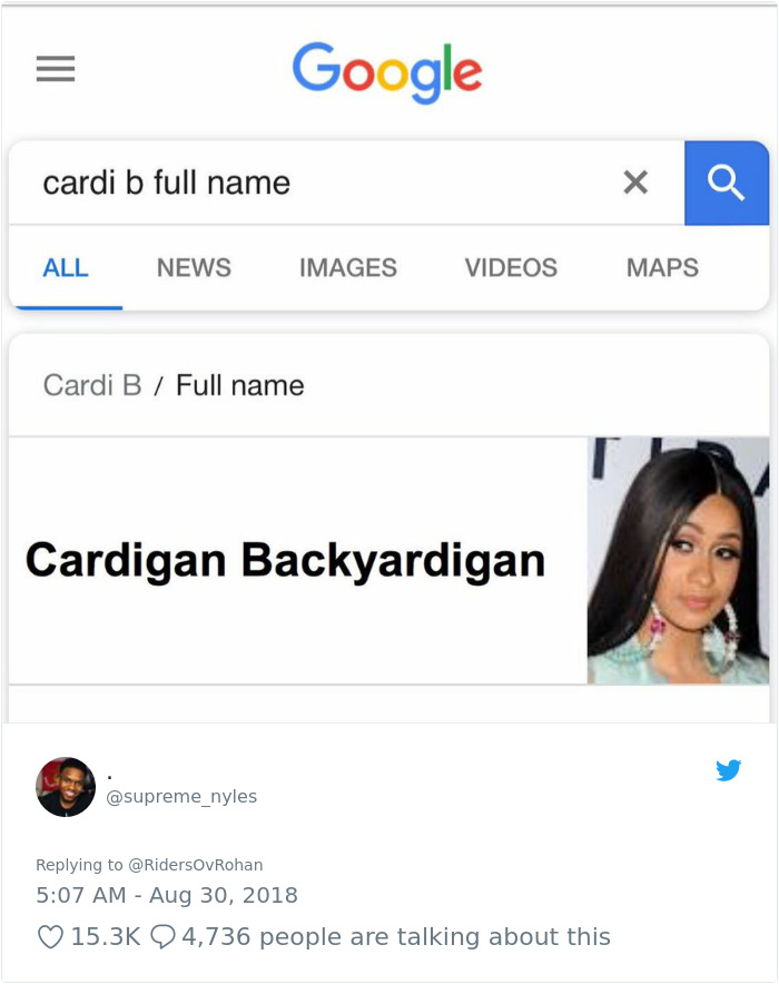 Google Search for Cardi B's real name with the result 'Cardigan backyardigan'
