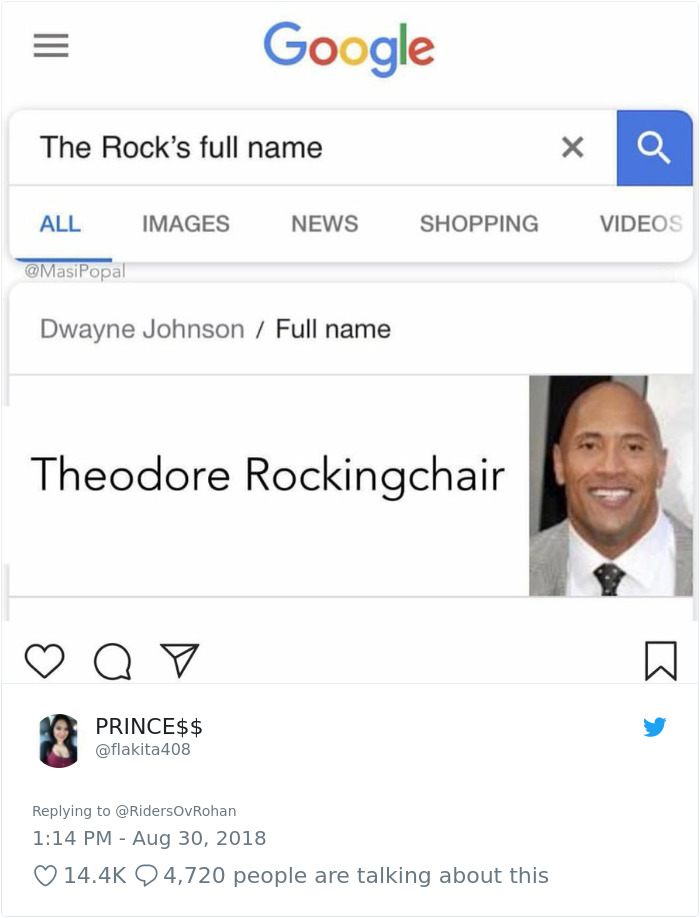Googling search for The Rock's full name with the result 'Theodore Rockingchair'