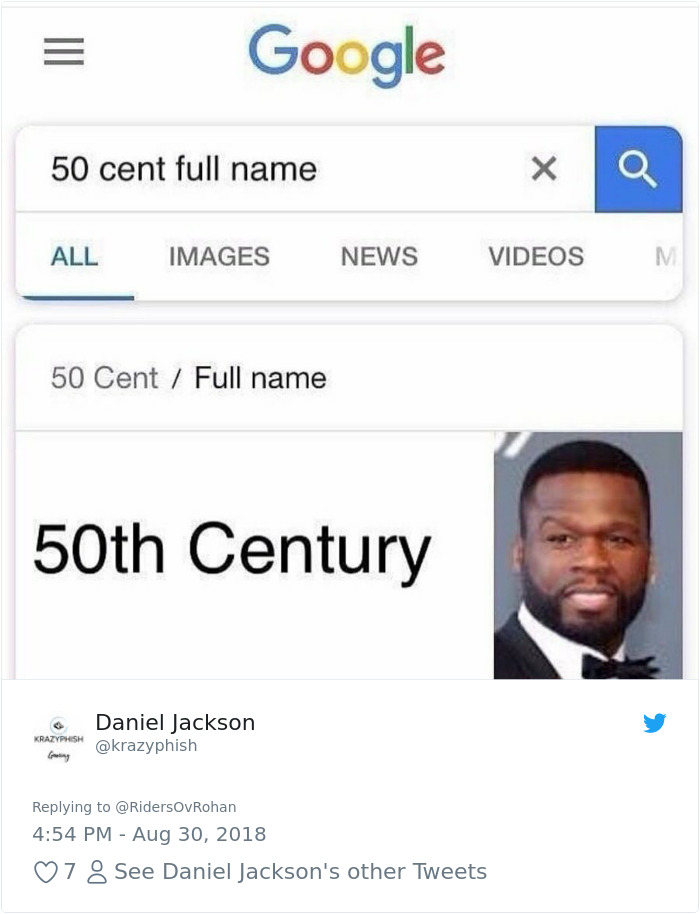 Google Search Real Name Meme of 50 cent full name with the result '50th century'