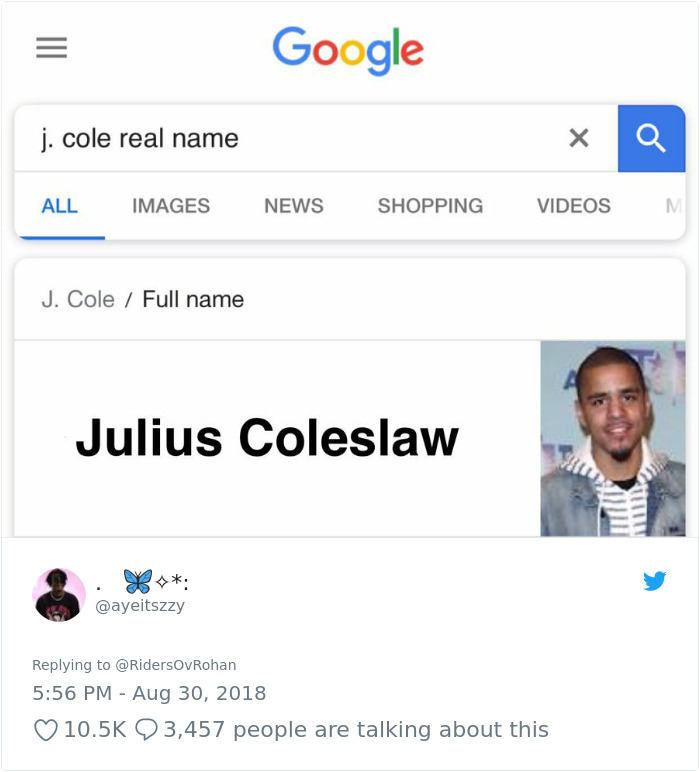 j cole real name google search with the result 'Julius coleslaw'