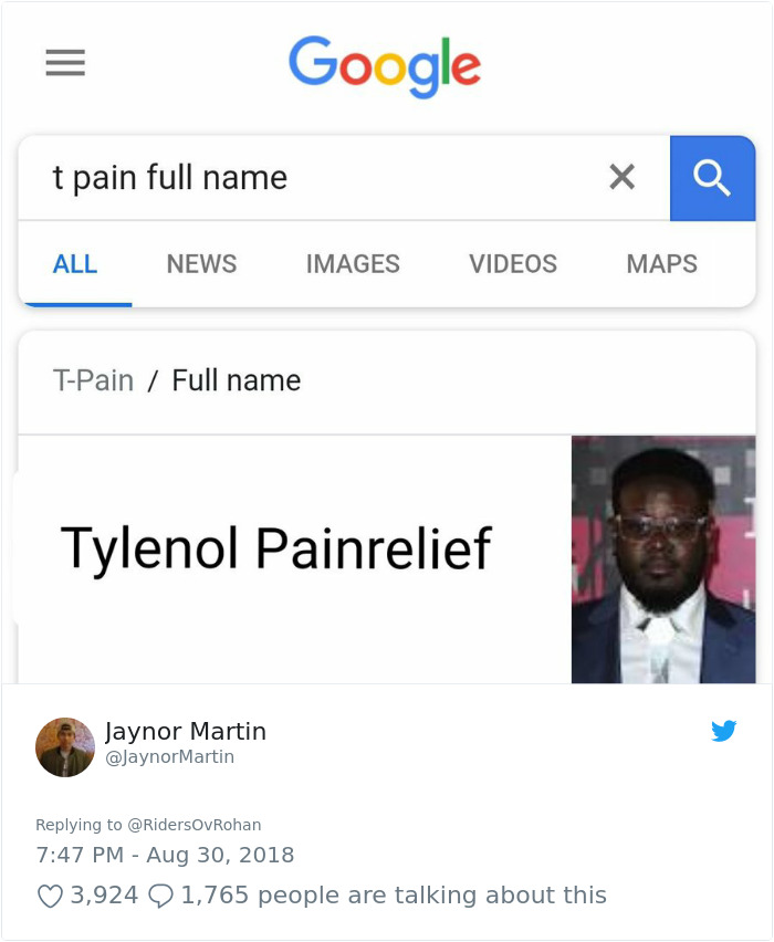 Google Search meme of t pain with the result 'tylenol painrelief'