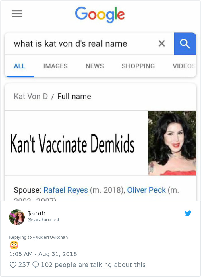 Google search for kat von d's real name with the result 'Kan't Vaccinate Demkids'
