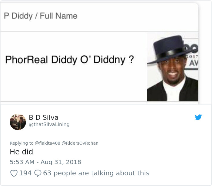 Google search for P Diddy's real name 'PhorReal Diddy O'Diddny'