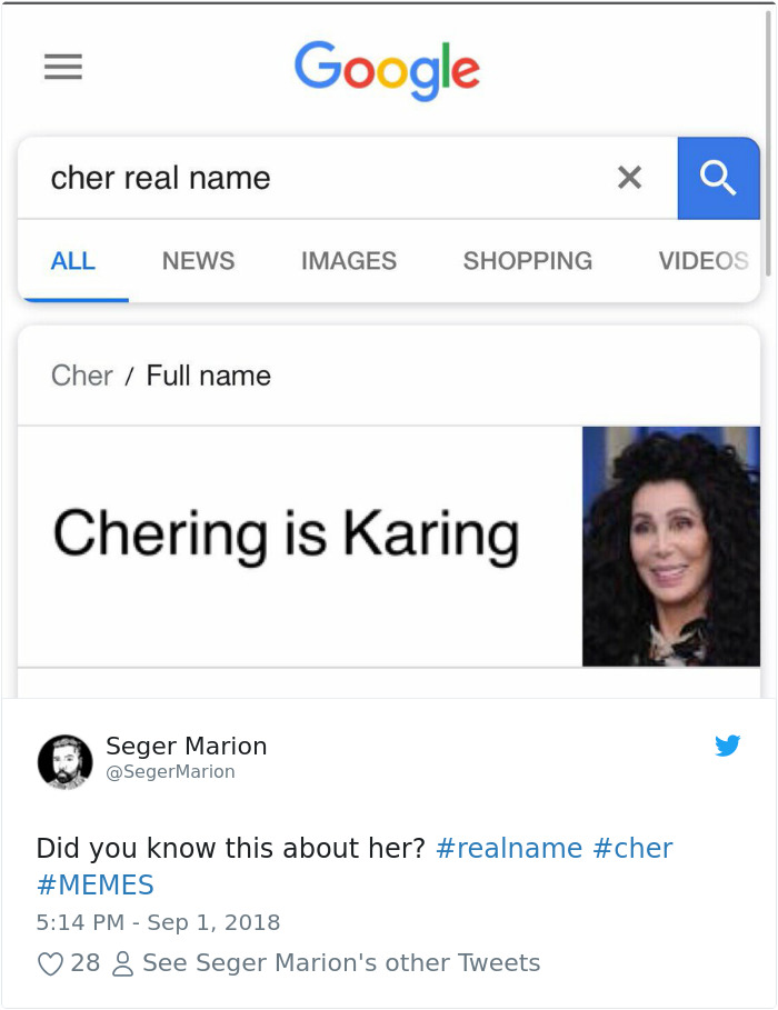 Google Search for Cher's real name with the result 'Chering is Karing'
