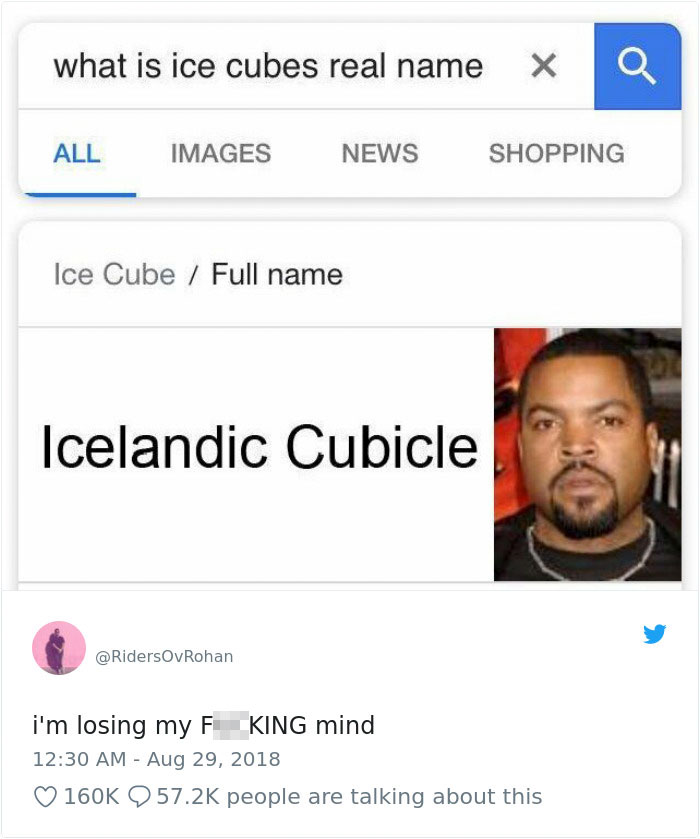 Search for Ice Cube's real name with the result 'Icelandic Cubicle'