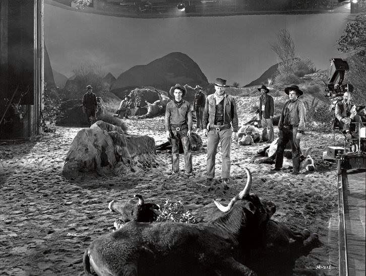 John Wayne (front center) and fellow cast members prepare for a scene in Red River (1948).