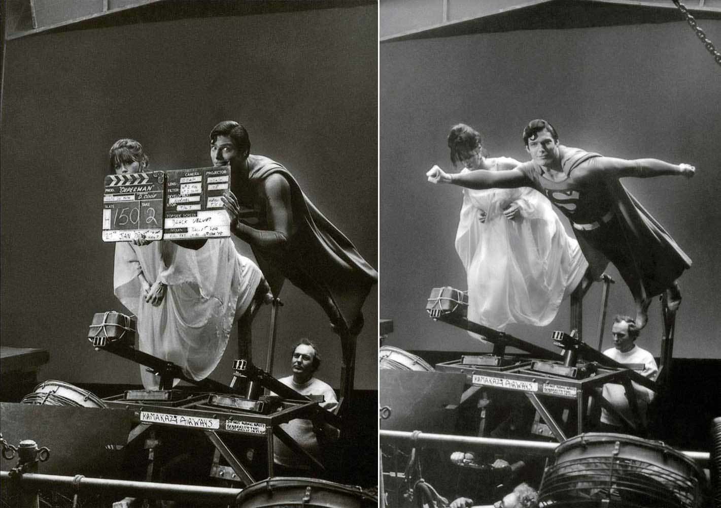 Christopher Reeve having some fun prior to a scene with Margo Kidder in Superman (1978).