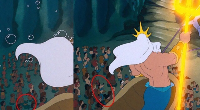 In The Little Mermaid when King Triton is introduced, you can see Mickey, Donald, Goofy and Kermit the Frog in the crowd, underwater.