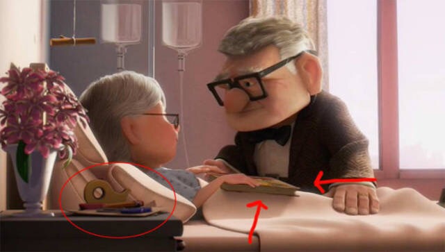 In UP, there are craft supplies on the table by Ellie’s hospital bed when she gives the Adventure Book to Carl.