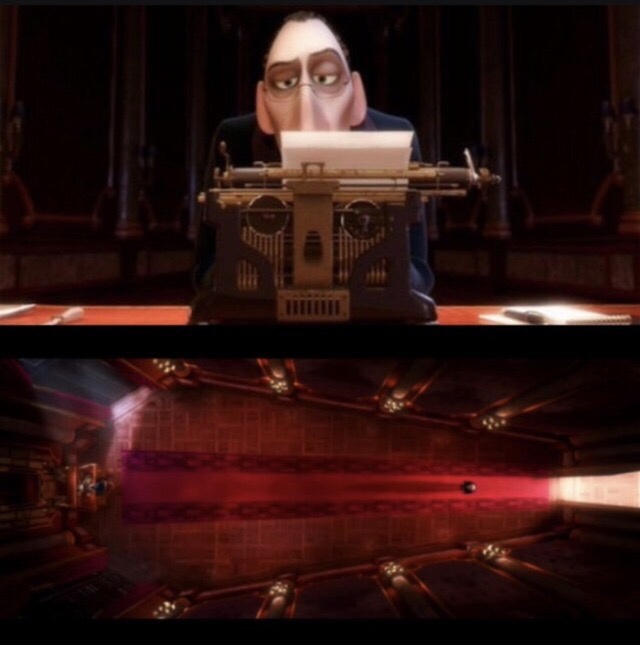 In Ratatouille Anton Ego’s typewriter resembles a skull and his office a coffin.