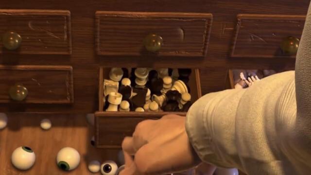 In Toy Story 2 as the restorationist is going through his equipment, he opens a drawer filled with chess pieces. This is a reference to the Pixar short “Geri’s Game” where a similar looking man plays a game of chess against himself.