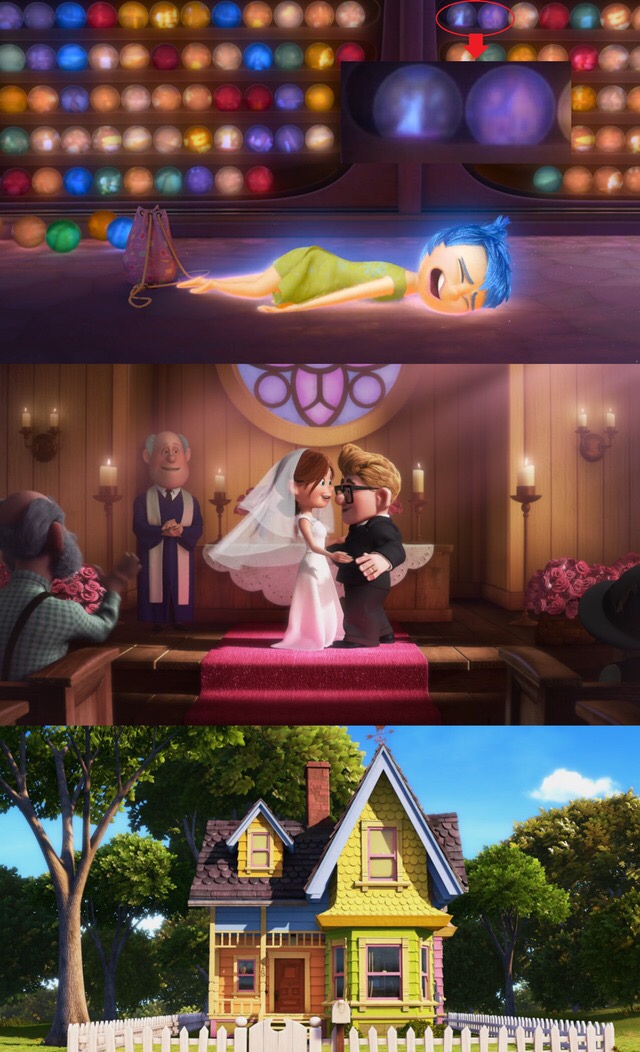In Inside Out two of the memory orbs on the shelves contain scenes from Up. One features Carl & Ellie’s wedding, while the other shows their house.