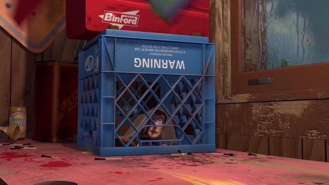 In  Toy Story Woody is trapped in a crate which is stuck under a ‘Binford’  tool-box. Binford is the fictional tool company in the TV show Home  Improvement which starred Tim Allen, the voice of Buzz Lightyear.