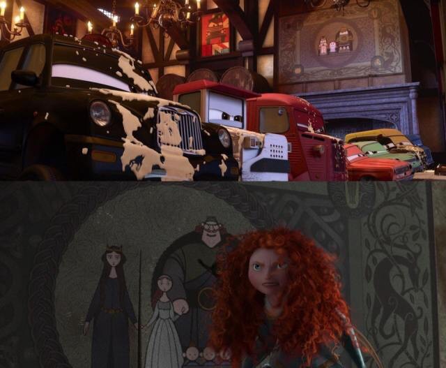 In  Cars 2  while in a pub in London there is a tapestry on the wall  that is the DunBroch family tapestry from Brave, except they are  portrayed as cars.