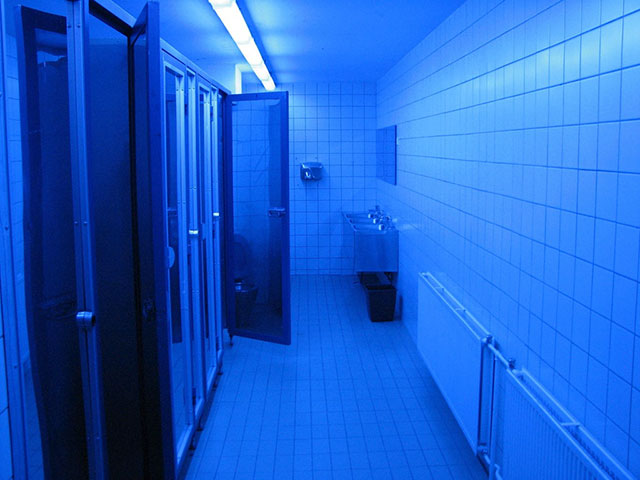 Blue lights in restroom prevents drug users from finding veins to shoot into