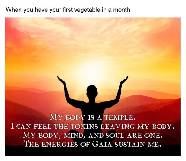 sky - When you have your first vegetable in a month My Body Is A Temple. I Can Feel The Toxins Leaving My Body. My Body, Mind, And Soul Are One. The Energies Of Gaia Sustain Me.