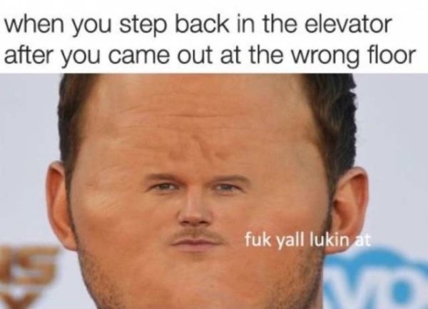 chris pratt meme - when you step back in the elevator after you came out at the wrong floor fuk yall lukin at