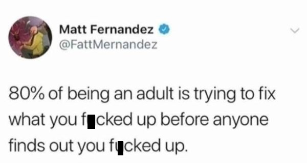 funny depression memes - Matt Fernandez Mernandez 80% of being an adult is trying to fix what you fucked up before anyone finds out you fucked up.