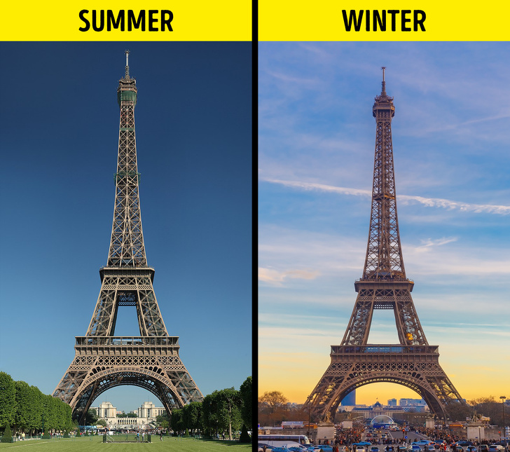 The iconic Eiffel Tower grows 15 cm taller during the summer.