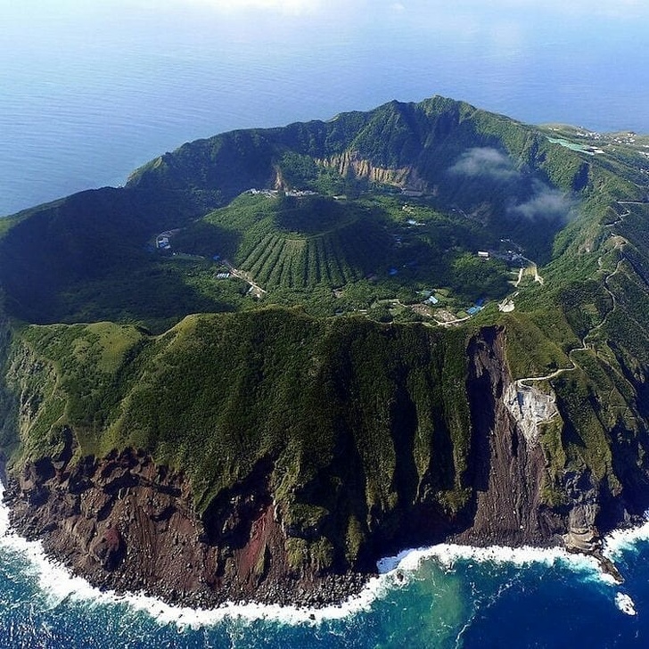A tiny volcanic island called Aogashima in Japan.