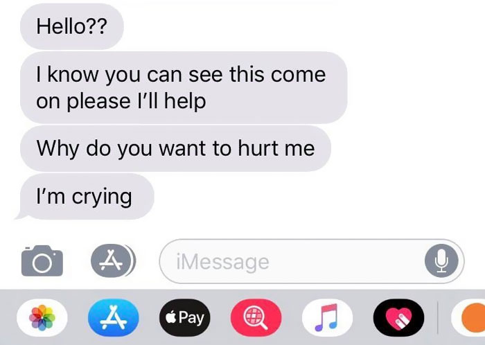 photos - Hello?? I know you can see this come on please I'll help Why do you want to hurt me I'm crying o A iMessage Pay