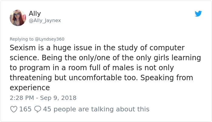 funny tweets in urdu - Ally Jaynex Sexism is a huge issue in the study of computer science. Being the onlyone of the only girls learning to program in a room full of males is not only threatening but uncomfortable too. Speaking from experience 165