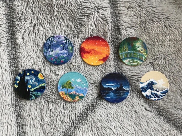 “Collection of my tiny paintings — acrylic on pennies.”