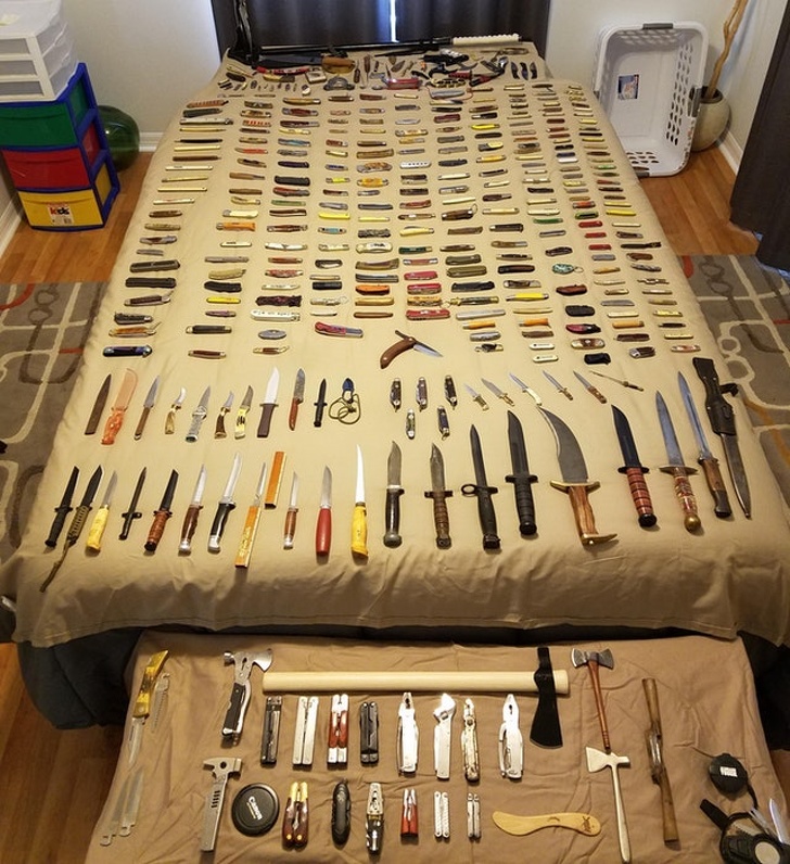 “I bought my first blade in 1971. I stopped. This was the collection in the fall of 2016 prior to being broken up and given to my grandsons and nephews. 396 bladed items.”