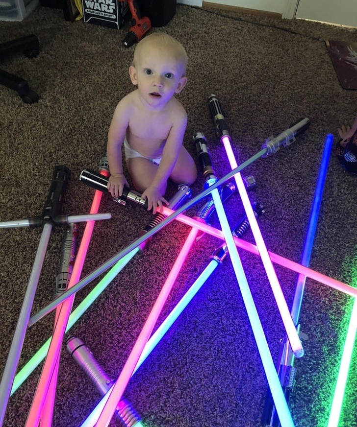 “I work from home. Every morning, my 13-month-old son pulls all my lightsabers off the wall and sits mesmerized as I turn them on for him. Every. Morning. Man, I love Star Wars.”