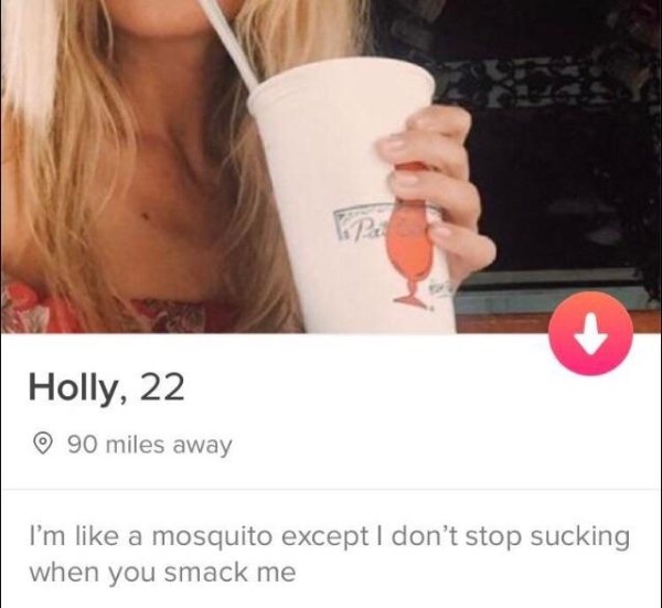 tinder - Holly, 22 90 miles away I'm a mosquito except I don't stop sucking when you smack me