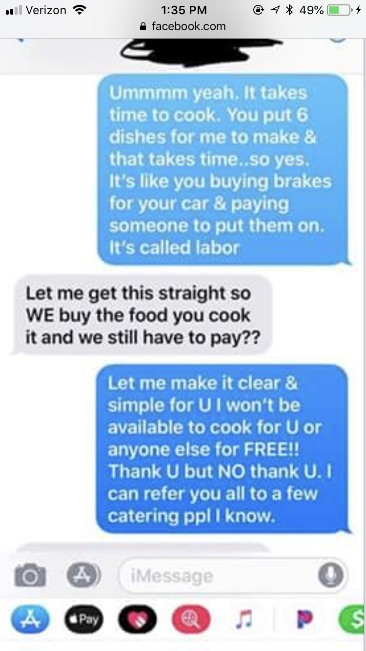 Clueless guy expects cook to work for free