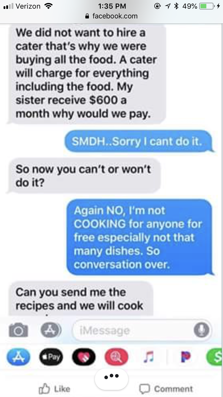 Clueless guy expects cook to work for free