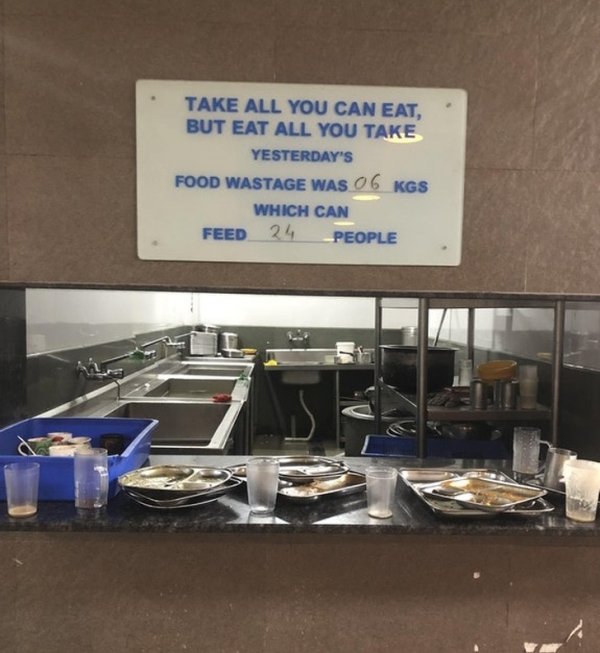 My workplace has a white board showing yesterday’s food waste right above where employees keep used dishes.