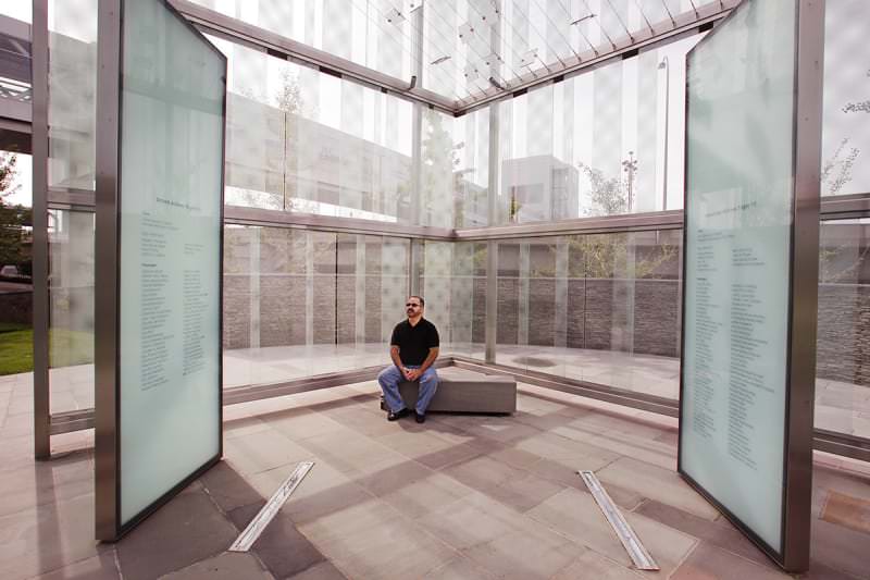 The Boston Logan International Airport 9/11 Memorial.

Inscribed on two large panes of glass outside of Logan International Airport are the names of those killed on United Airlines Flight 175 and American Airlines Flight 11.