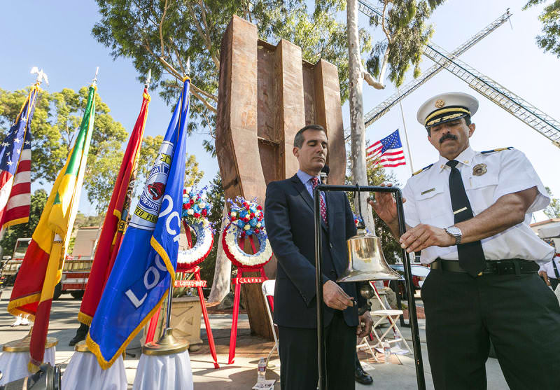 The 9/11 Memorial at the Los Angeles Fire Department Frank Hotchkin Memorial Training Center in Los Angeles.

Los Angeles Mayor Eric Garcetti (left) and Los Angeles Fire Department Chief Ralph Terrazas ring a bell at a memorial ceremony marking the 13th anniversary of 9/11 next to the World Trade Center Memorial at the Los Angeles Fire Department Frank Hotchkin Memorial Training Center.