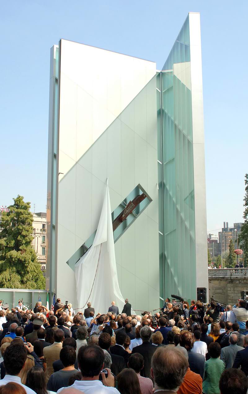 "Memory and Light" in Padua, Italy.

The "Memory and Light" monument was designed by Daniel Libeskind, the architect who created the master plan for reconstructing at ground zero. Italy marked the fourth anniversary of the 9/11 attacks with a new glass and steel memorial that incorporates a twisted steel beam from the World Trade Center.