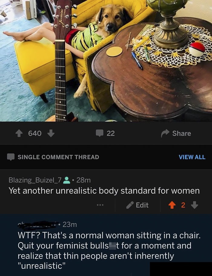 missed - screenshot - Shine 640 22 Single Comment Thread View All Blazing_Buizel_7 28m Yet another unrealistic body standard for women Edit 2 b .1. 23m Wtf? That's a normal woman sitting in a chair. Quit your feminist bulls t for a moment and realize that