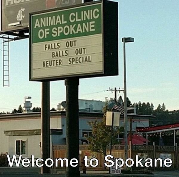 street sign - Animal Clinic Of Spokane Falls Out Balls Out Neuter Special Welcome to Spokane
