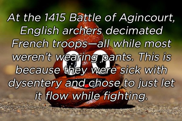 photo caption - At the 1415 Battle of Agincourt, English archers decimated French troopsall while most weren't wearing pants. This is because they were sick with dysentery and chose to just let it flow while fighting.