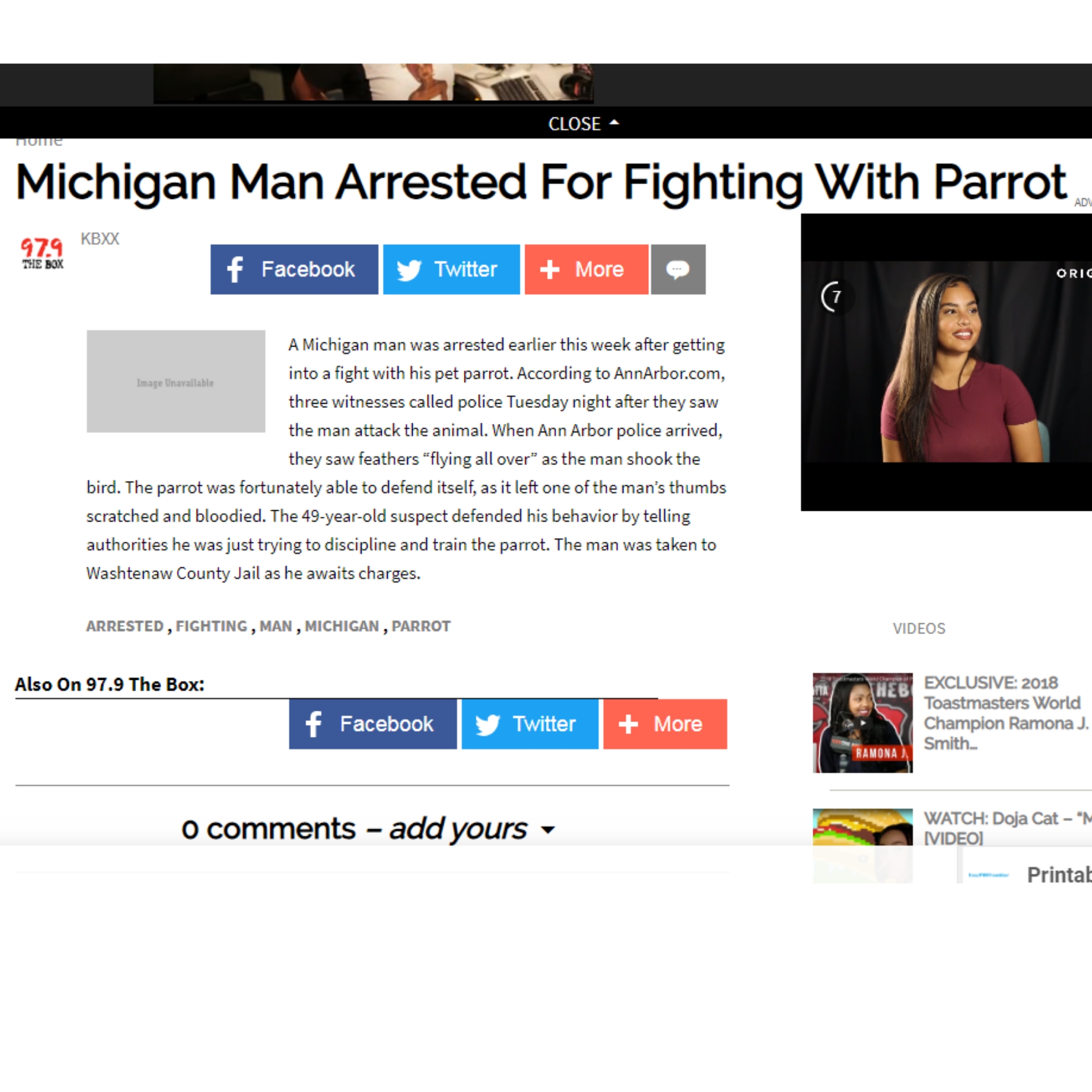 web page - Close Michigan Man Arrested For Fighting With Parrot f Facebook y Twitter More into a fight with his pet parrot. According to Ann Arbot.com three witnesses called police Tuesday night after they saw the man attack the animal. When Ann Arbor pol