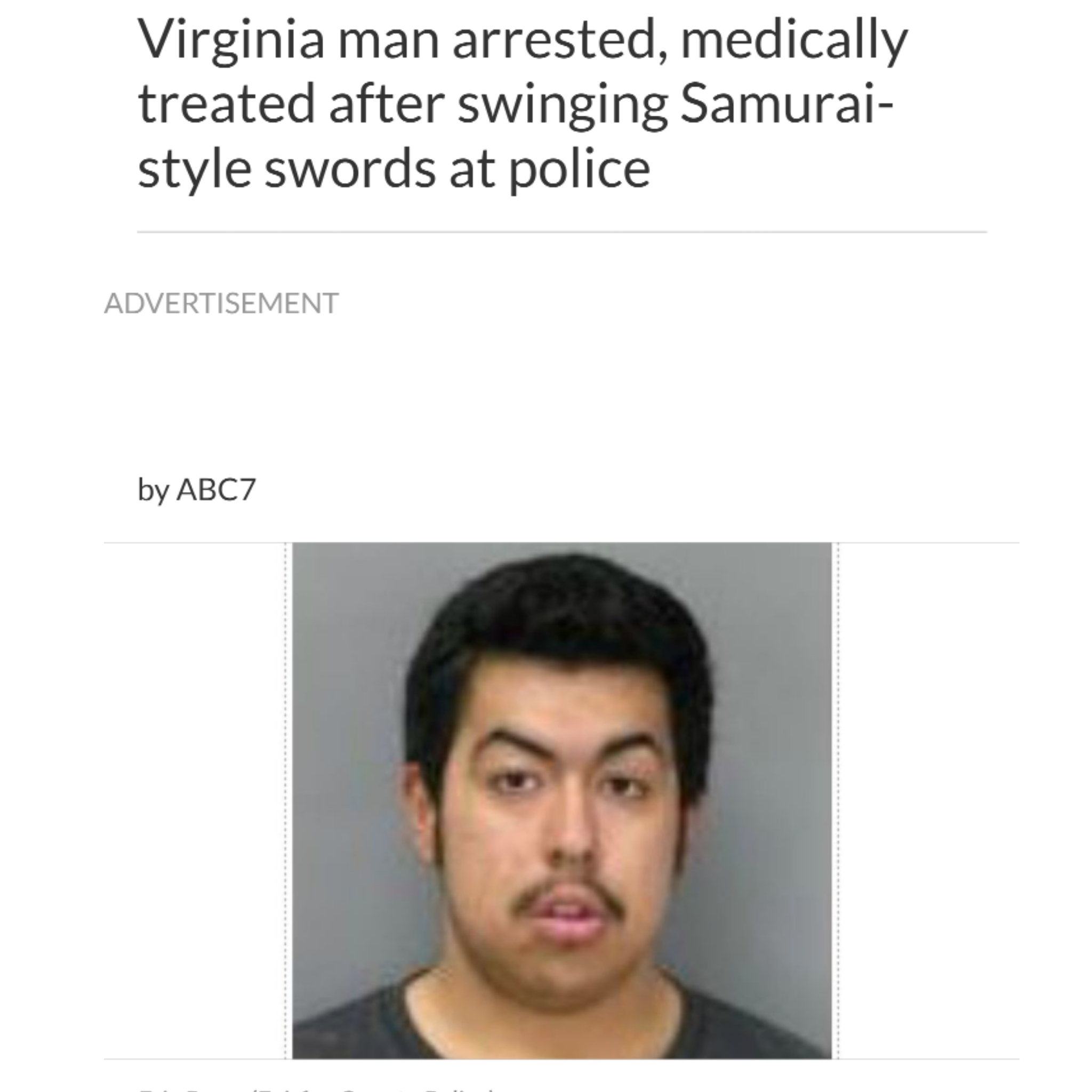 jaw - Virginia man arrested, medically treated after swinging Samurai style swords at police Advertisement by ABC7