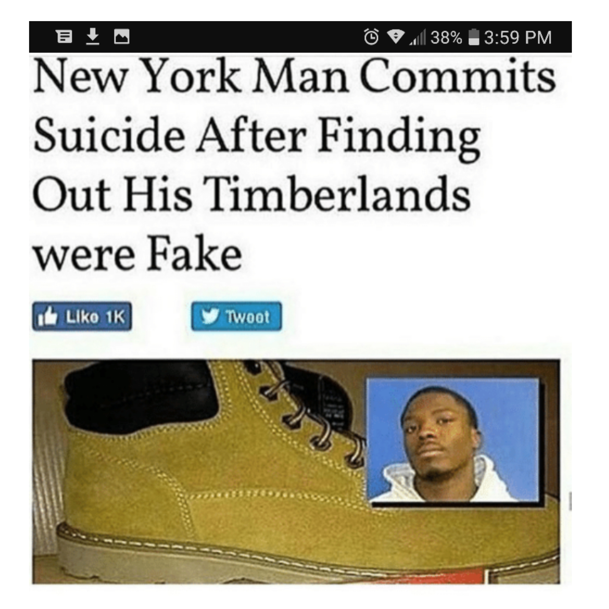 new york man commits suicide after finding out his timberlands were fake - 9.38% New York Man Commits Suicide After Finding Out His Timberlands were Fake Liko 1K Twood