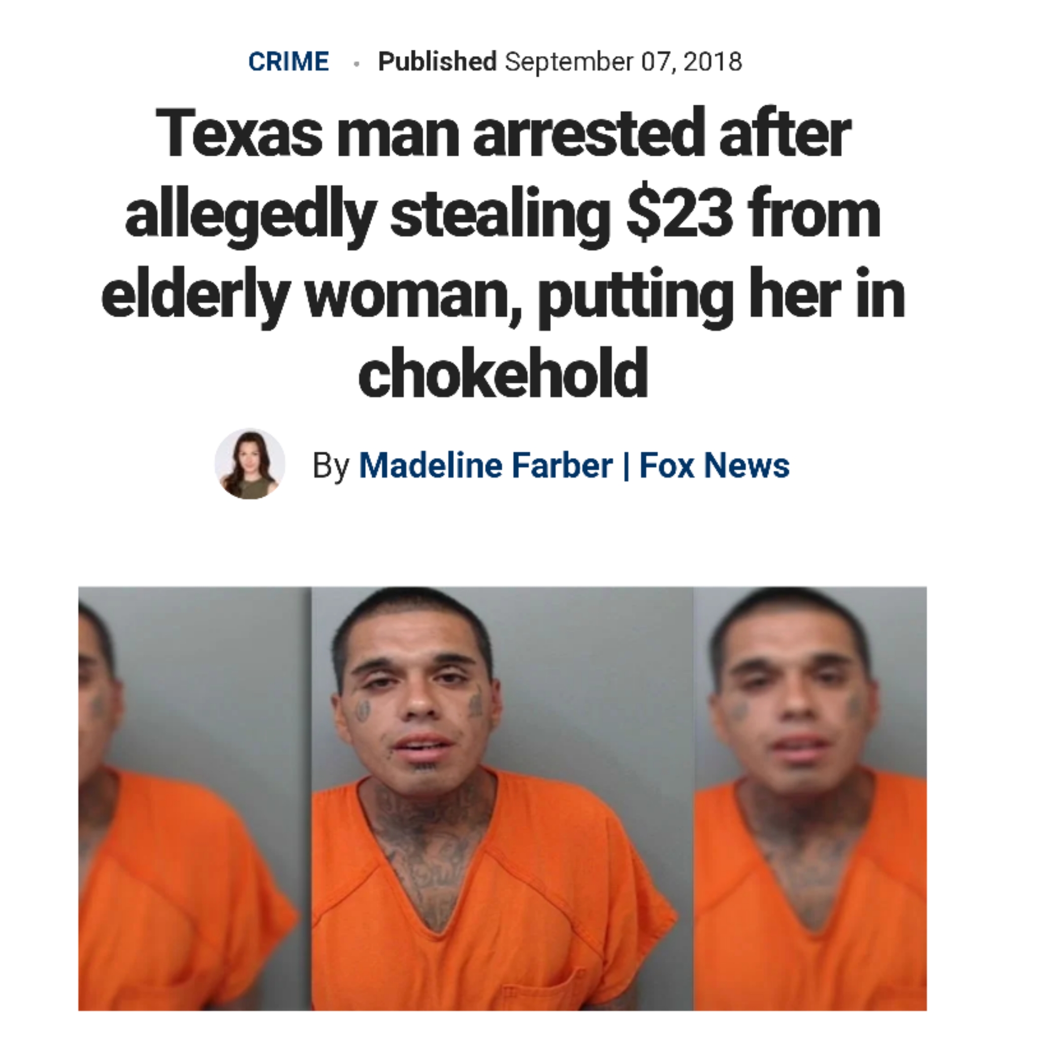 conversation - Crime Published Texas man arrested after allegedly stealing $23 from elderly woman, putting her in chokehold By Madeline Farber | Fox News