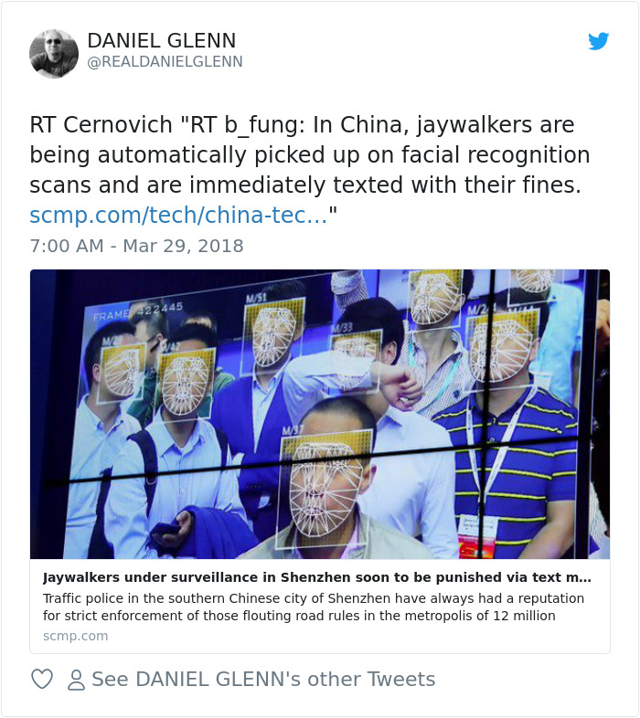 sensetime facial recognition - Daniel Glenn Rt Cernovich "Rt b_fung In China, jaywalkers are being automatically picked up on facial recognition scans and are immediately texted with their fines. scmp.comtechchinatec..." Frame 22445 Jaywalkers under surve