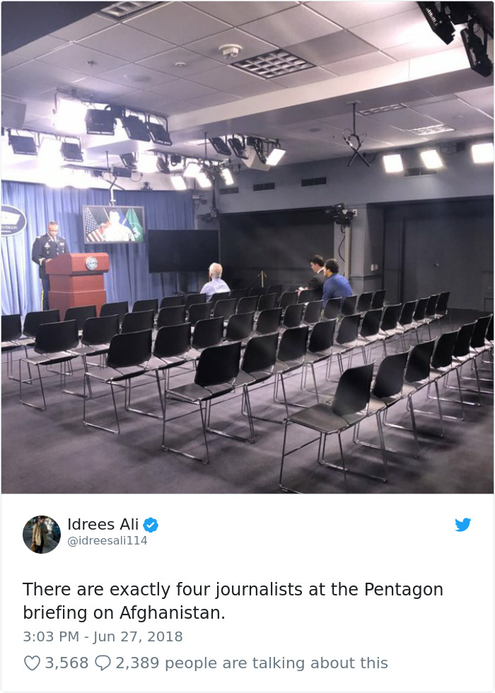 auditorium - Idrees Ali There are exactly four journalists at the Pentagon briefing on Afghanistan. 3,568 2,