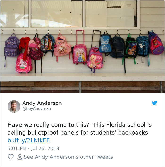 us school selling bulletproof panels for kids backpacks - Andy Anderson Have we really come to this? This Florida school is selling bulletproof panels for students' backpacks buff.ly2LNIKEE 8 See Andy Anderson's other Tweets